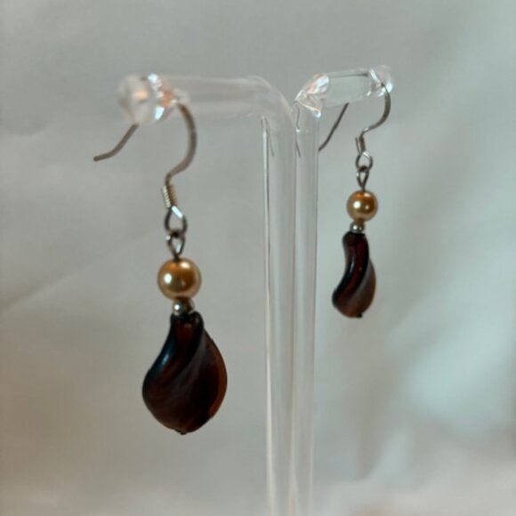 Earrings - dangling silver tone with brown bead and tan faux pearl. - Picture 2 of 3